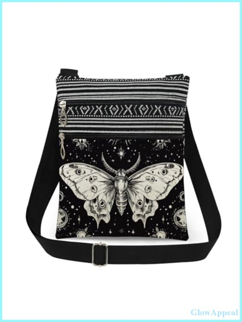 Polyester Moth Crossbody Bag Adjustable Strap Double Zipper